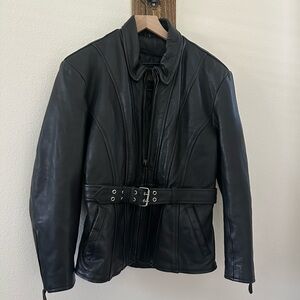 Unik Black motorcycle Leather Jacket heavy duty lined belted